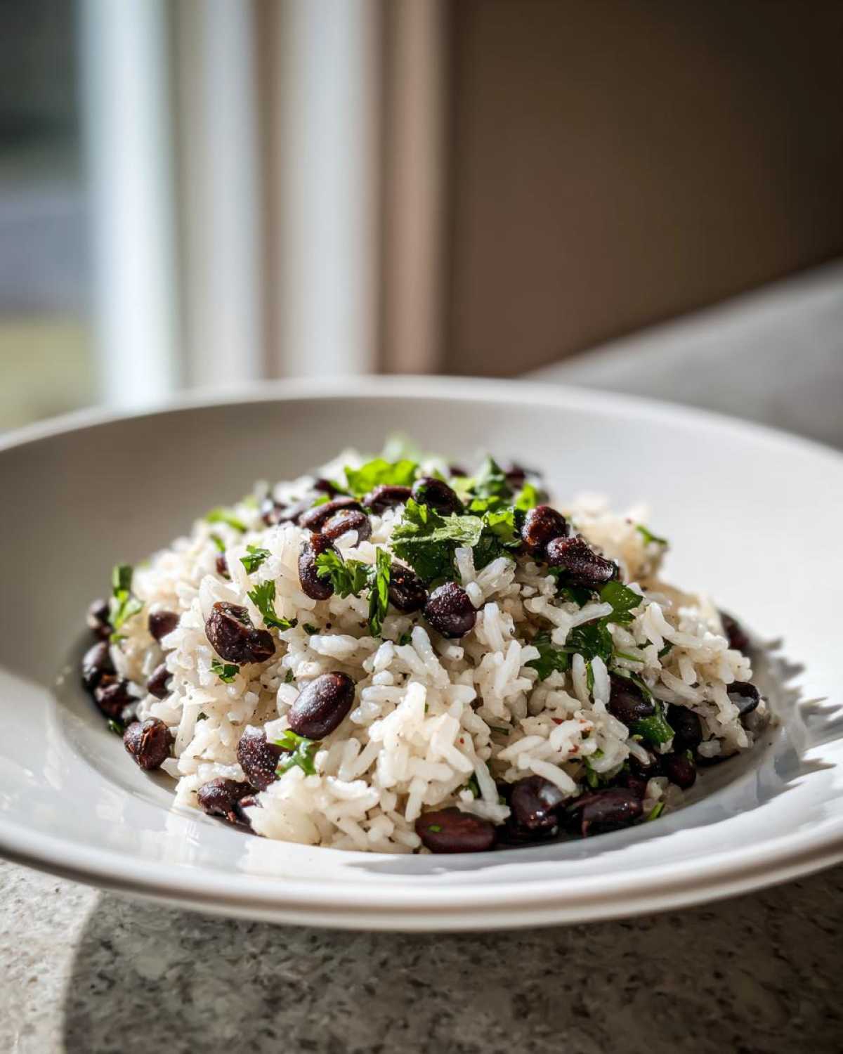 A close-up of a serving of white rice mixed with black beans and topped with fresh chopped cilantro.