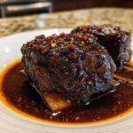 Close-up of two rich, dark braised short ribs covered in a thick glaze and chili flakes, resting in sauce.