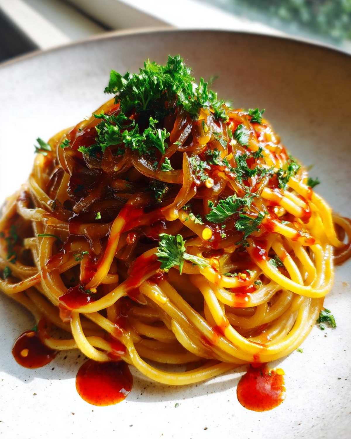 Close-up of perfectly twirled caramelized onion pasta topped with fresh parsley and a drizzle of red sauce.