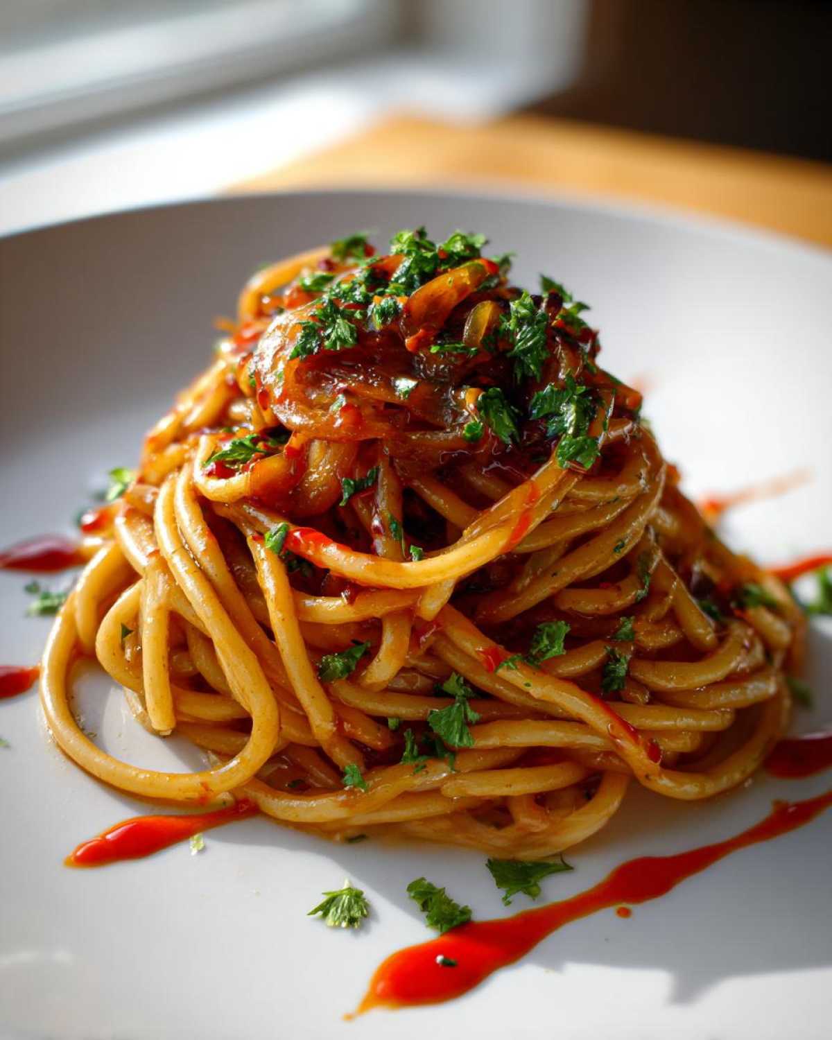 A mound of rich, saucy caramelized onion pasta topped with fresh green parsley on a white plate.