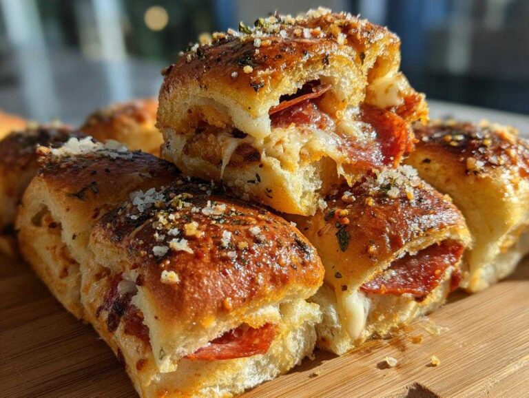Close-up of gooey, cheesy pepperoni pizza sliders stacked on a wooden board, topped with garlic butter and seasoning.