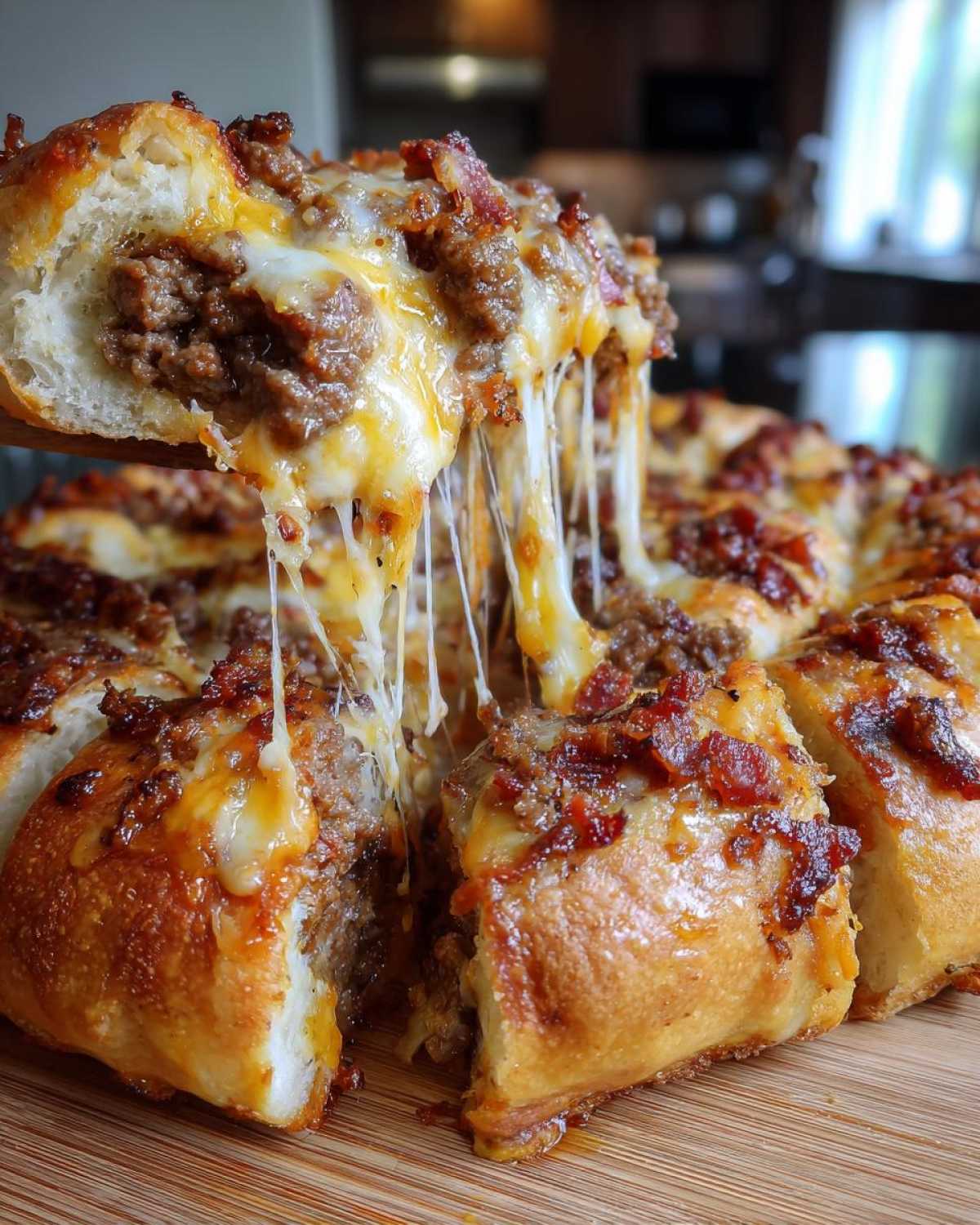 A piece of cheesy, savory garbage bread being pulled away, showing long cheese strings and a meaty filling.