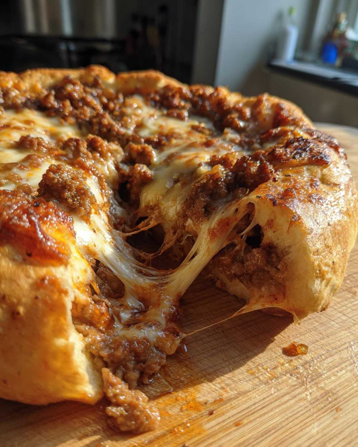 Close-up of a freshly baked garbage bread with melted, stretchy cheese and a savory meat filling.
