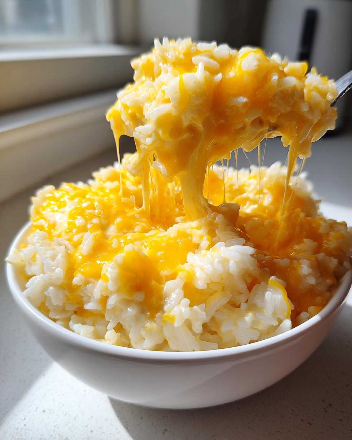 A spoonful of hot cheesy rice is lifted from a white bowl, showing long, melting strings of cheddar cheese.