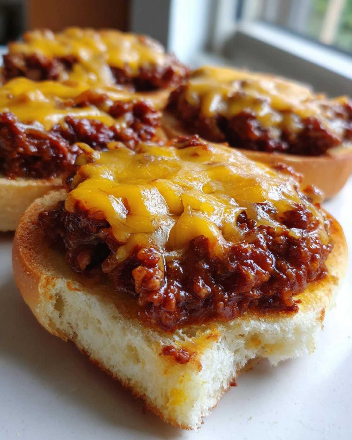Close-up of open-faced texas toast sloppy joes topped with melted cheddar cheese.