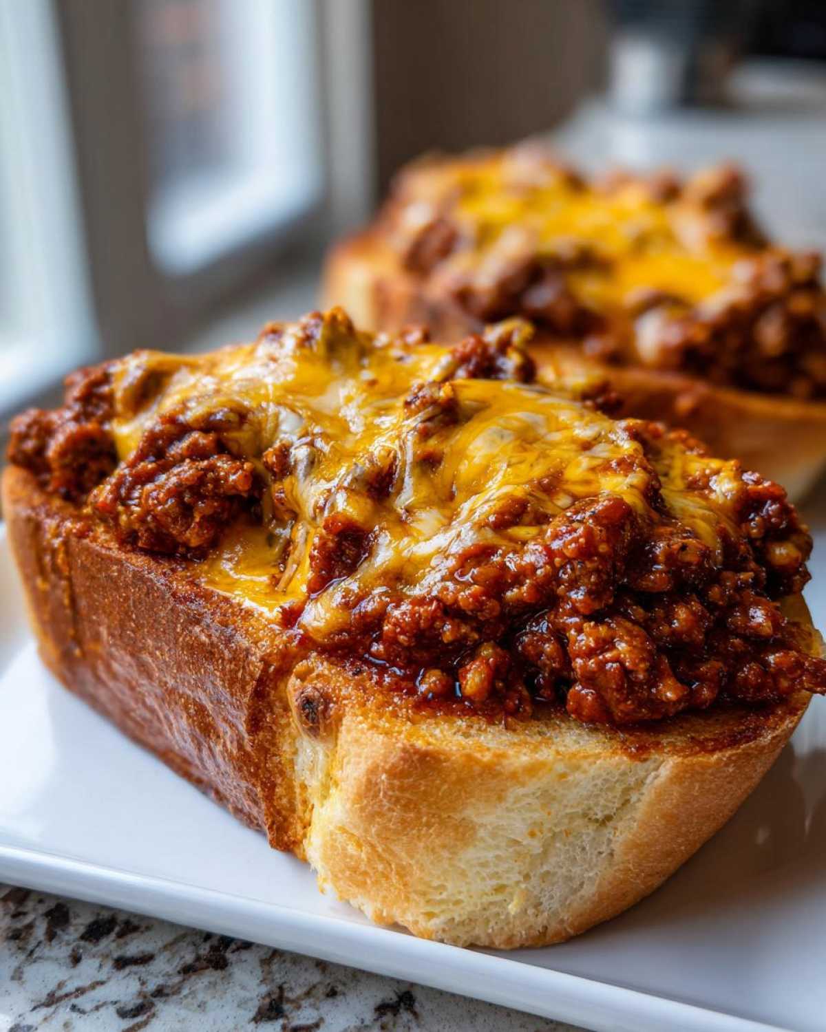 Close-up of cheesy texas toast sloppy joes featuring thick bread topped with savory meat sauce and melted cheddar cheese.