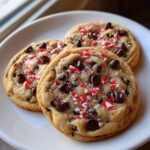 Three chewy peppermint chocolate chip cookies topped with chocolate chips and crushed candy canes on a white plate.