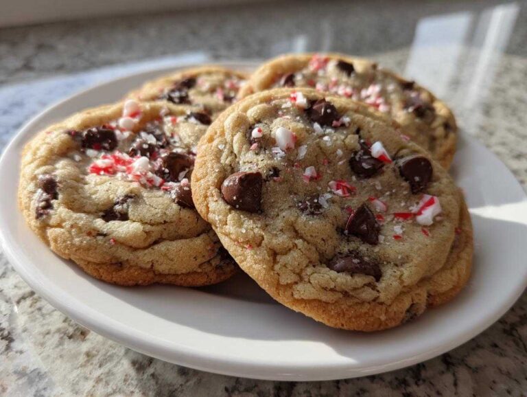 Three chewy peppermint chocolate chip cookies topped with chocolate chips and crushed candy canes on a white plate.