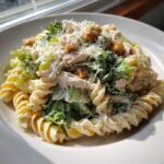 A close-up of a bowl of chicken caesar pasta salad featuring rotini pasta, shredded chicken, romaine lettuce, and parmesan cheese.