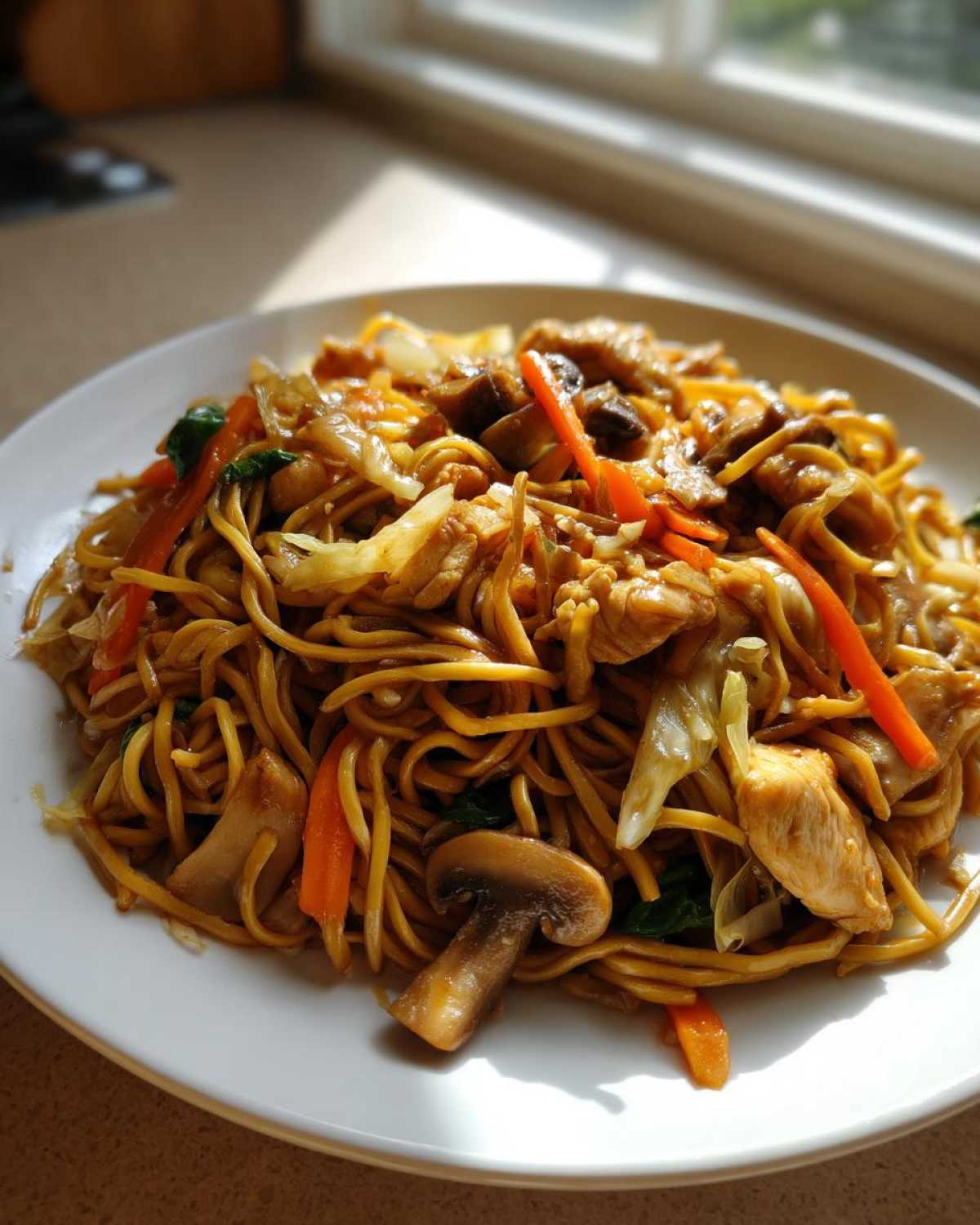 A close-up of a plate filled with homemade chicken chow mein recipe, featuring noodles, chicken pieces, carrots, cabbage, and mushrooms.