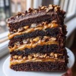 Close-up of a decadent slice of chocolate caramel toffee crunch cake showing four dark chocolate layers and thick caramel filling.