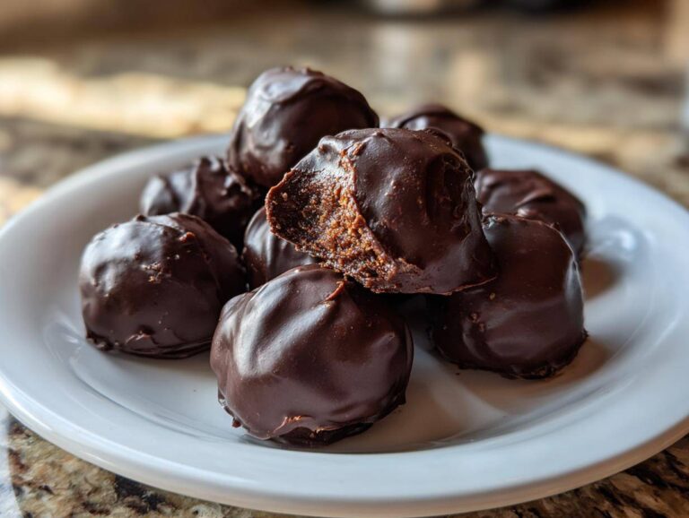 A pile of rich, dark chocolate-covered pecan pie balls on a white plate, one is broken open.