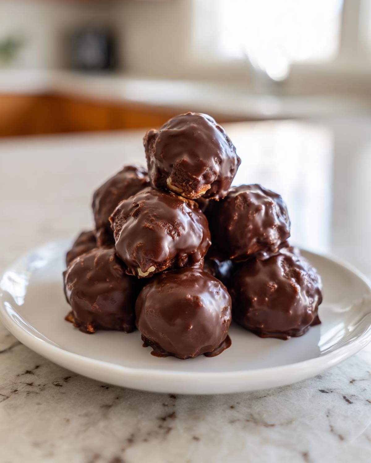 A stack of homemade pecan pie balls generously coated in rich, dark chocolate glaze.