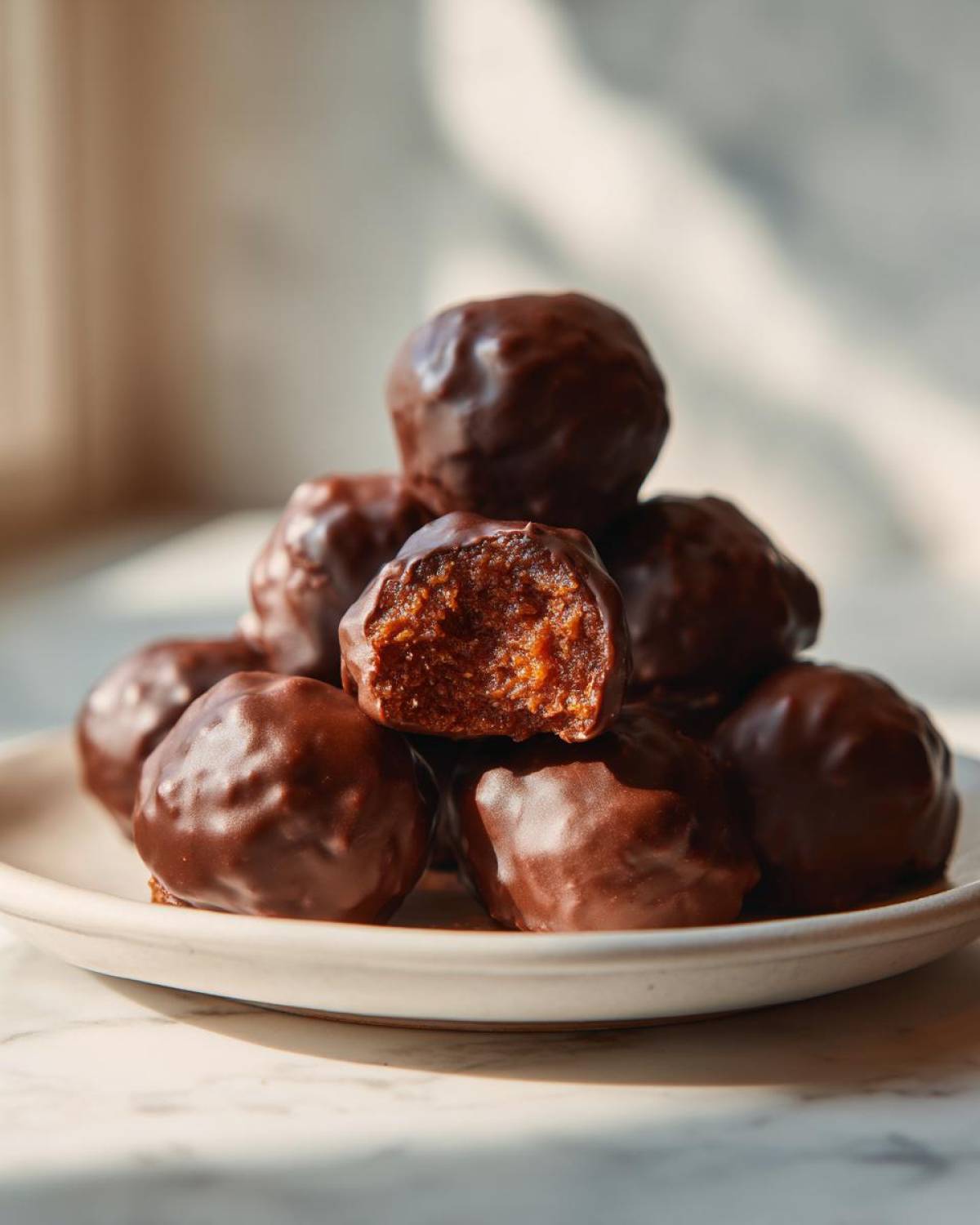 A stack of chocolate-covered pecan pie balls, with one bitten in half showing the rich filling.