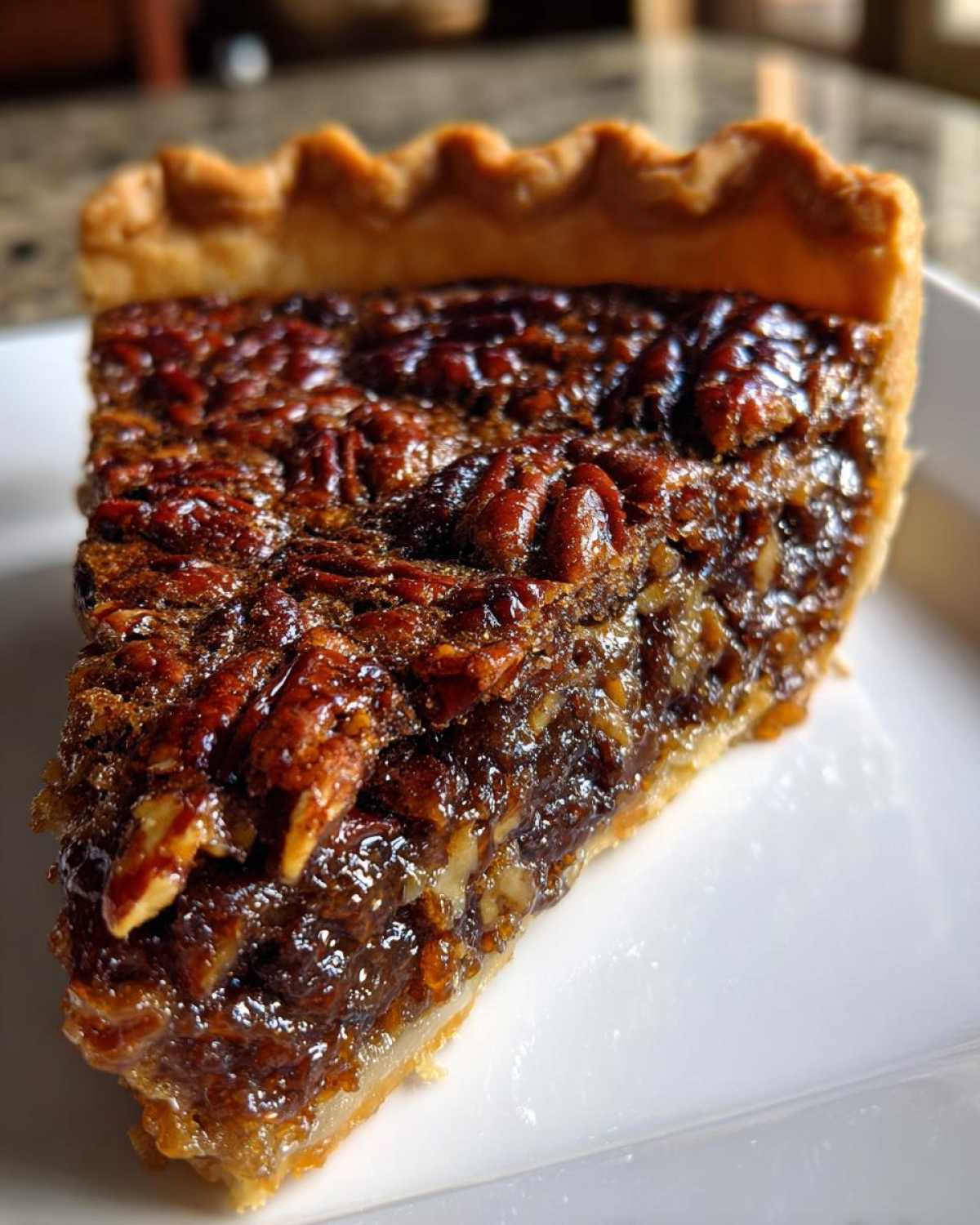 Close-up of a rich, gooey slice of chocolate pecan pie showing the crust and glossy pecan topping.