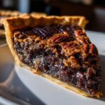 Close-up of a decadent slice of chocolate pecan pie showing the gooey filling and whole pecans on top.