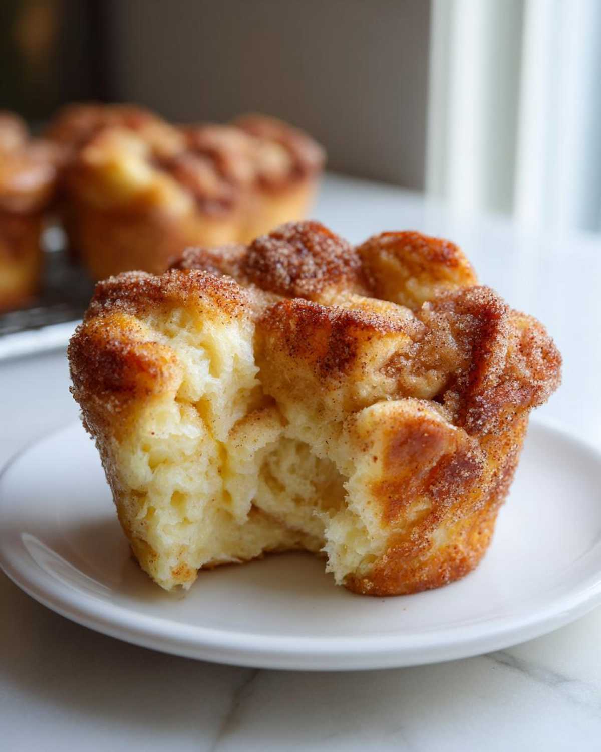A single, fluffy french toast muffins, coated in cinnamon sugar, with a bite taken out showing the soft interior.