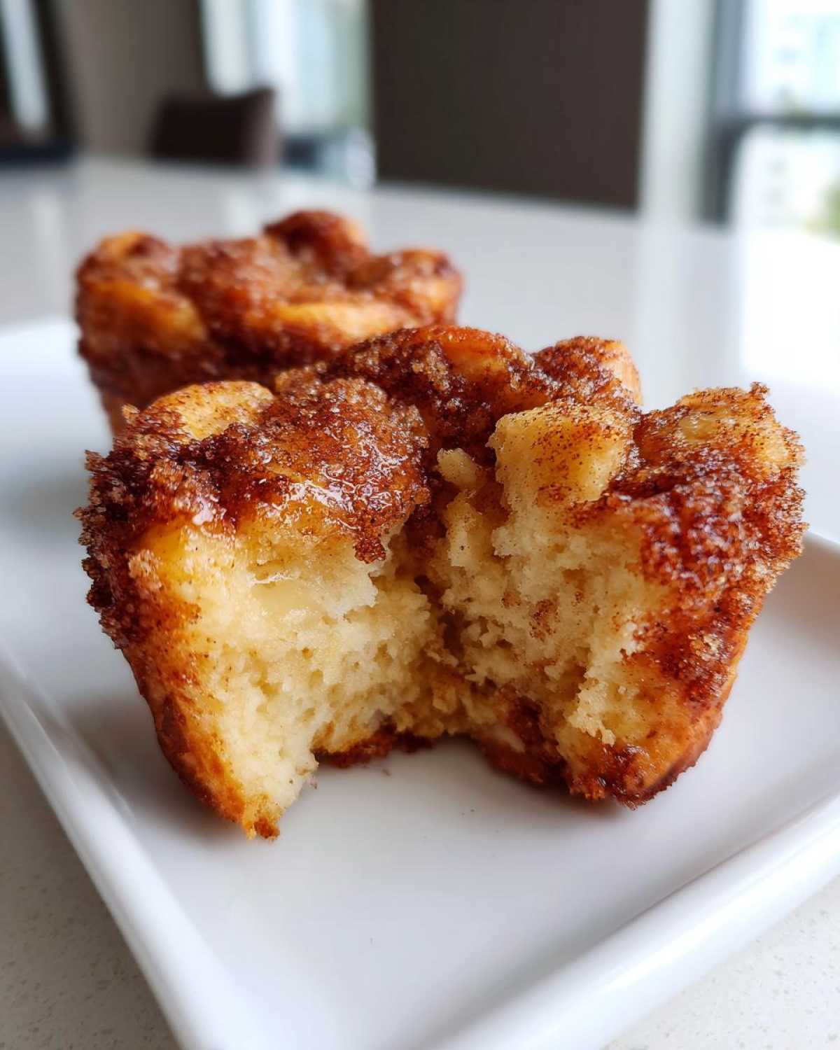 A close-up of a french toast muffins, one of which has a bite taken out, showing the soft interior and cinnamon sugar topping.