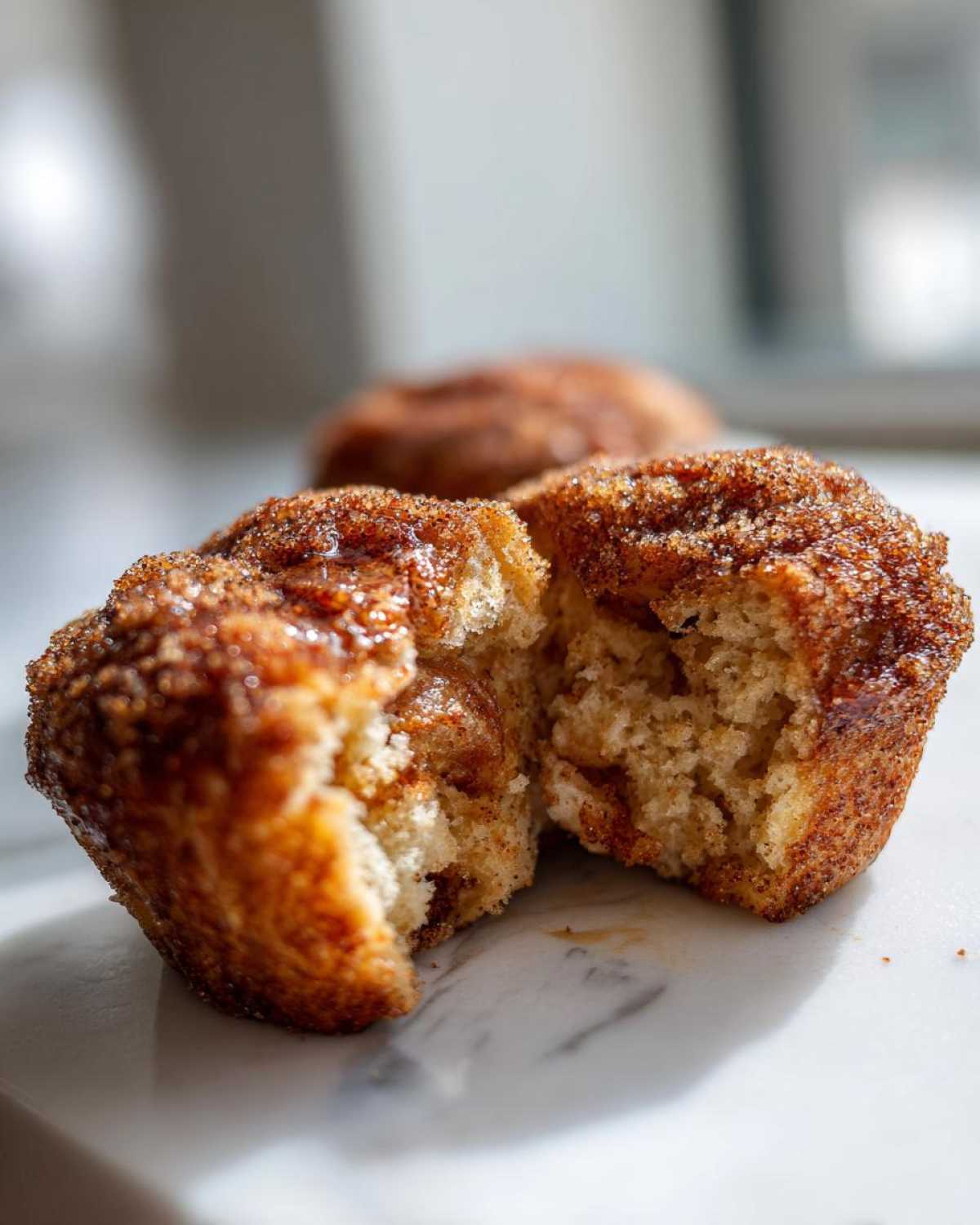 A french toast muffin split in half showing the soft, moist interior coated in cinnamon sugar topping.