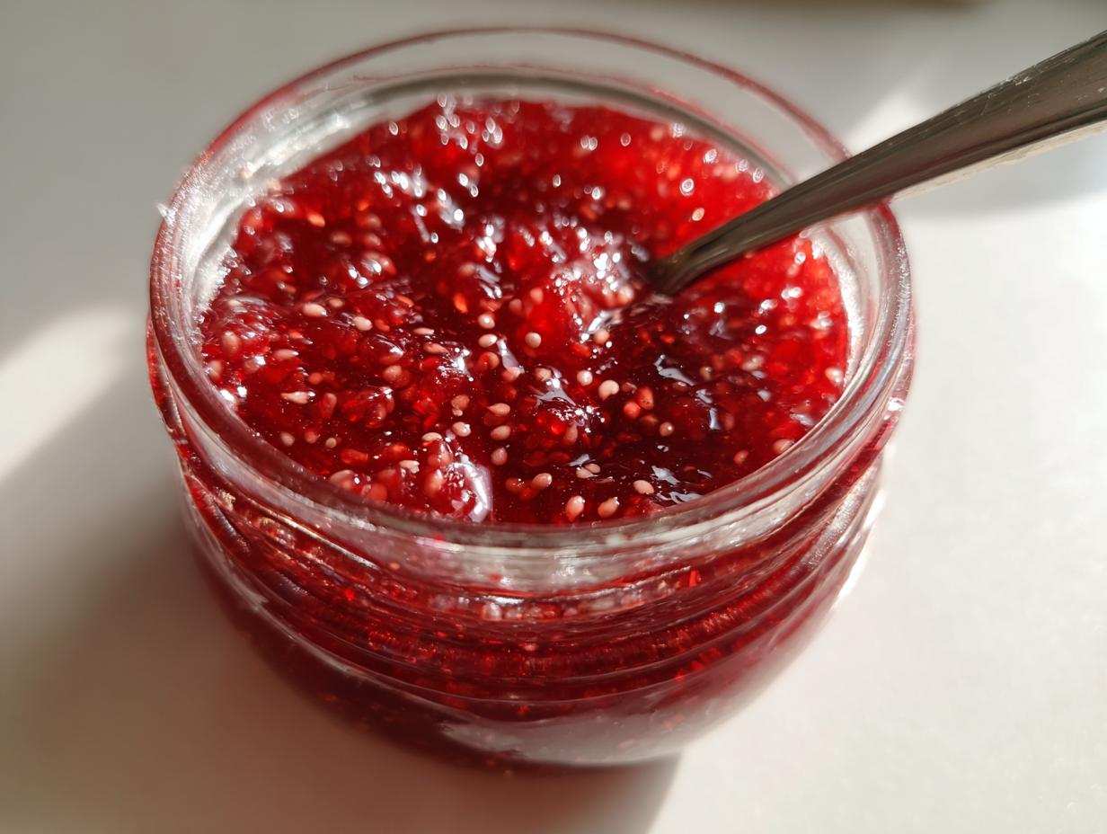 Close-up of vibrant, seed-filled raspberry jam in a glass jar with a spoon resting inside.