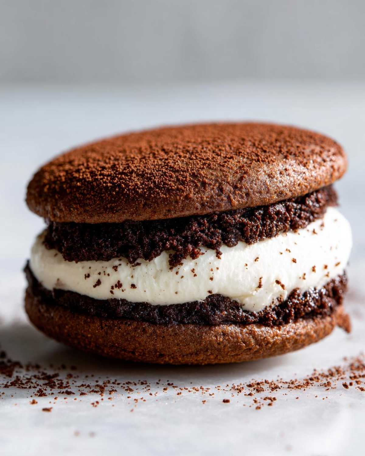 A close-up of a single, rich chocolate tiramisu cookies sandwich filled with creamy white frosting and dusted with cocoa powder.