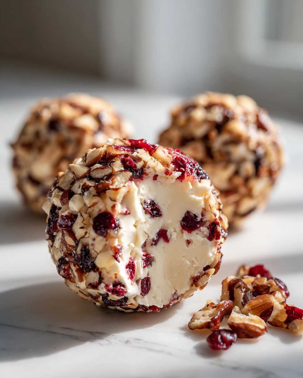 A close-up of a cranberry pecan cheese ball with a bite removed, showing the creamy interior and pecan/cranberry coating.