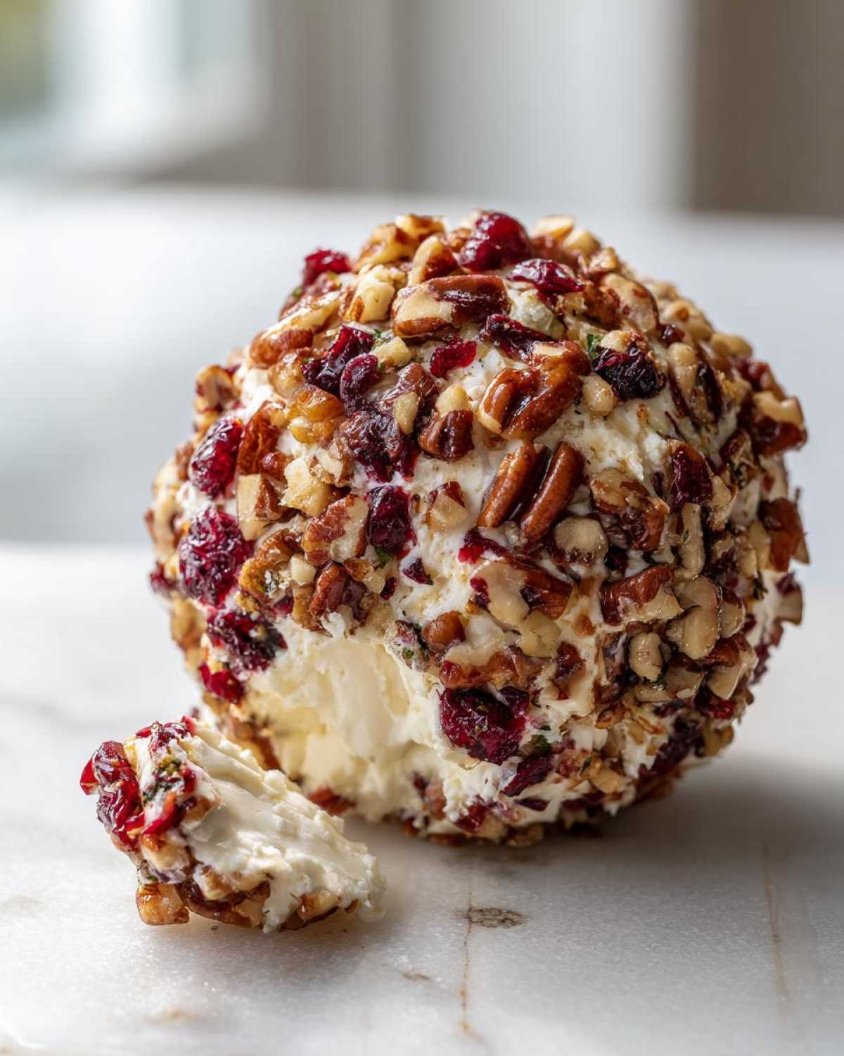 A close-up of a delicious cranberry pecan cheese ball coated in nuts and dried fruit, with a small piece taken out.