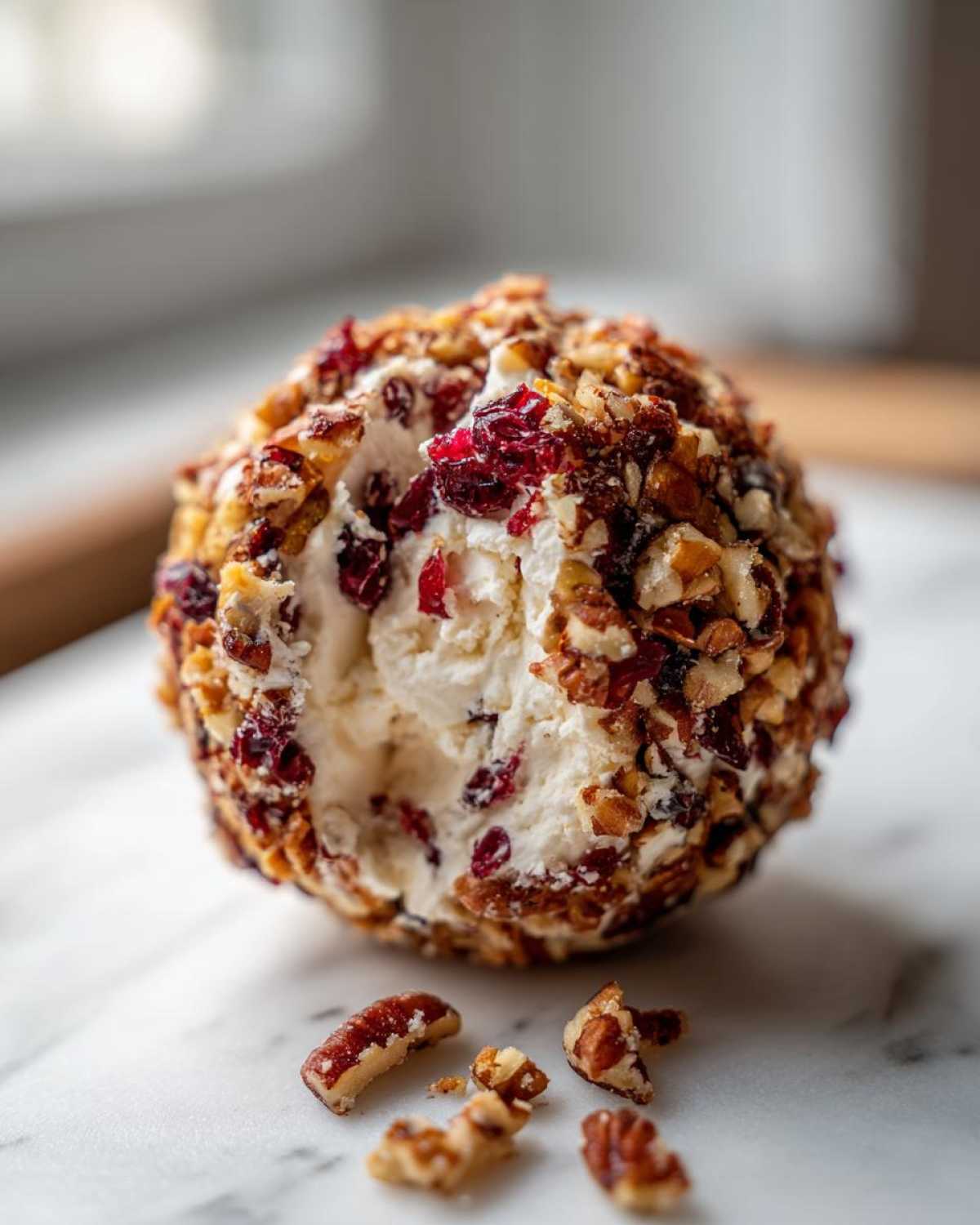 A close-up of a cranberry pecan cheese ball showing the creamy interior and crunchy nut/cranberry coating. A bite has been taken out.