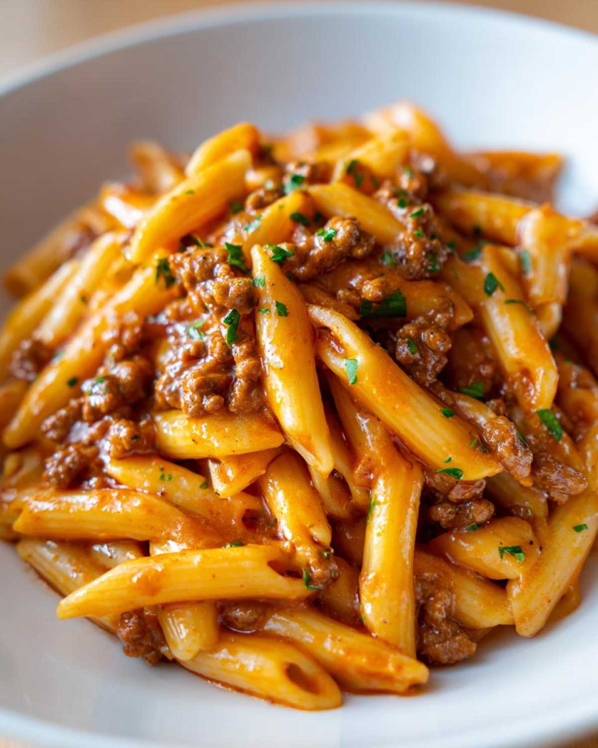 A close-up shot of a white bowl filled with creamy beef pasta featuring penne noodles coated in a rich sauce.