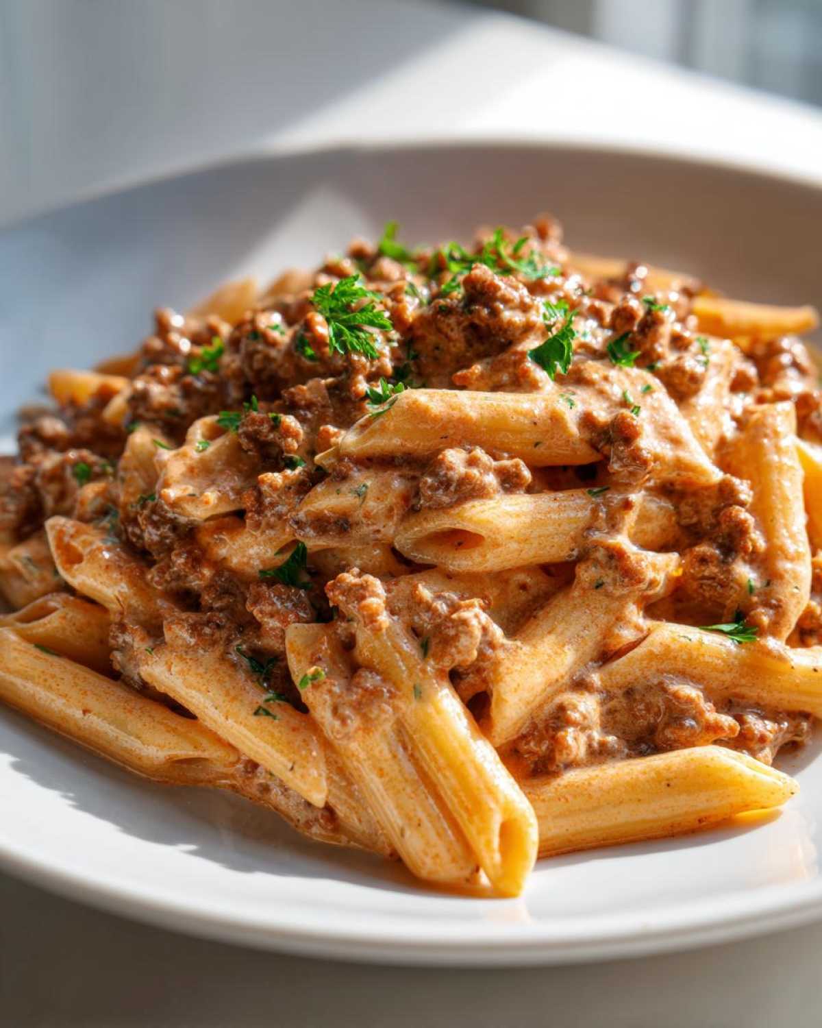 A close-up shot of penne pasta coated in a rich, creamy beef sauce and garnished with fresh parsley, showcasing the creamy beef pasta.