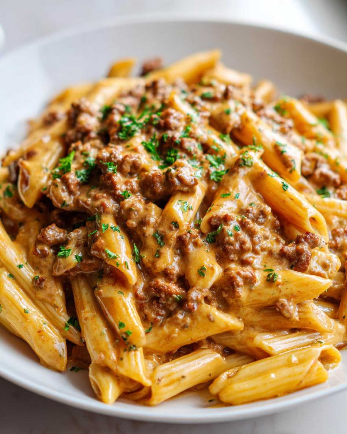 Close-up of a bowl of creamy beef pasta made with penne noodles and topped with fresh parsley.