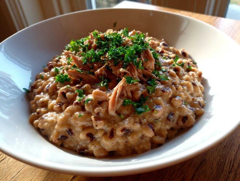 A white bowl filled with creamy black eyed peas topped with pulled pork and fresh parsley.