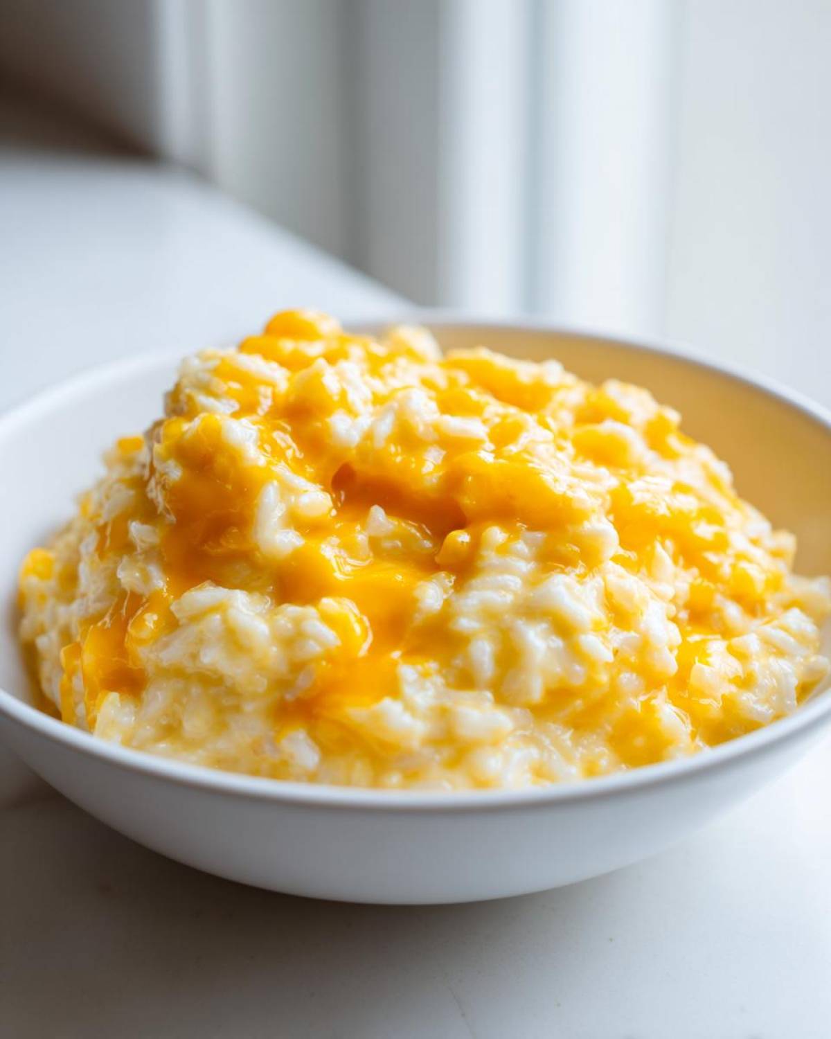 Close-up of creamy, white rice topped with melted bright orange cheddar cheese, a perfect bowl of cheesy rice.