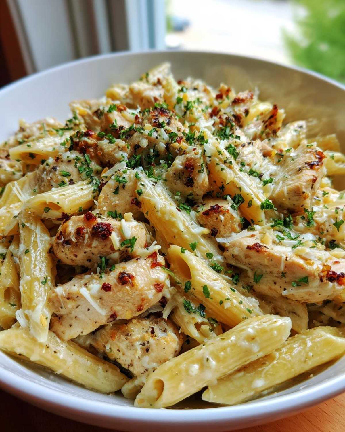 Close-up of penne pasta and seasoned chicken chunks coated in a creamy garlic parmesan sauce, topped with fresh parsley.
