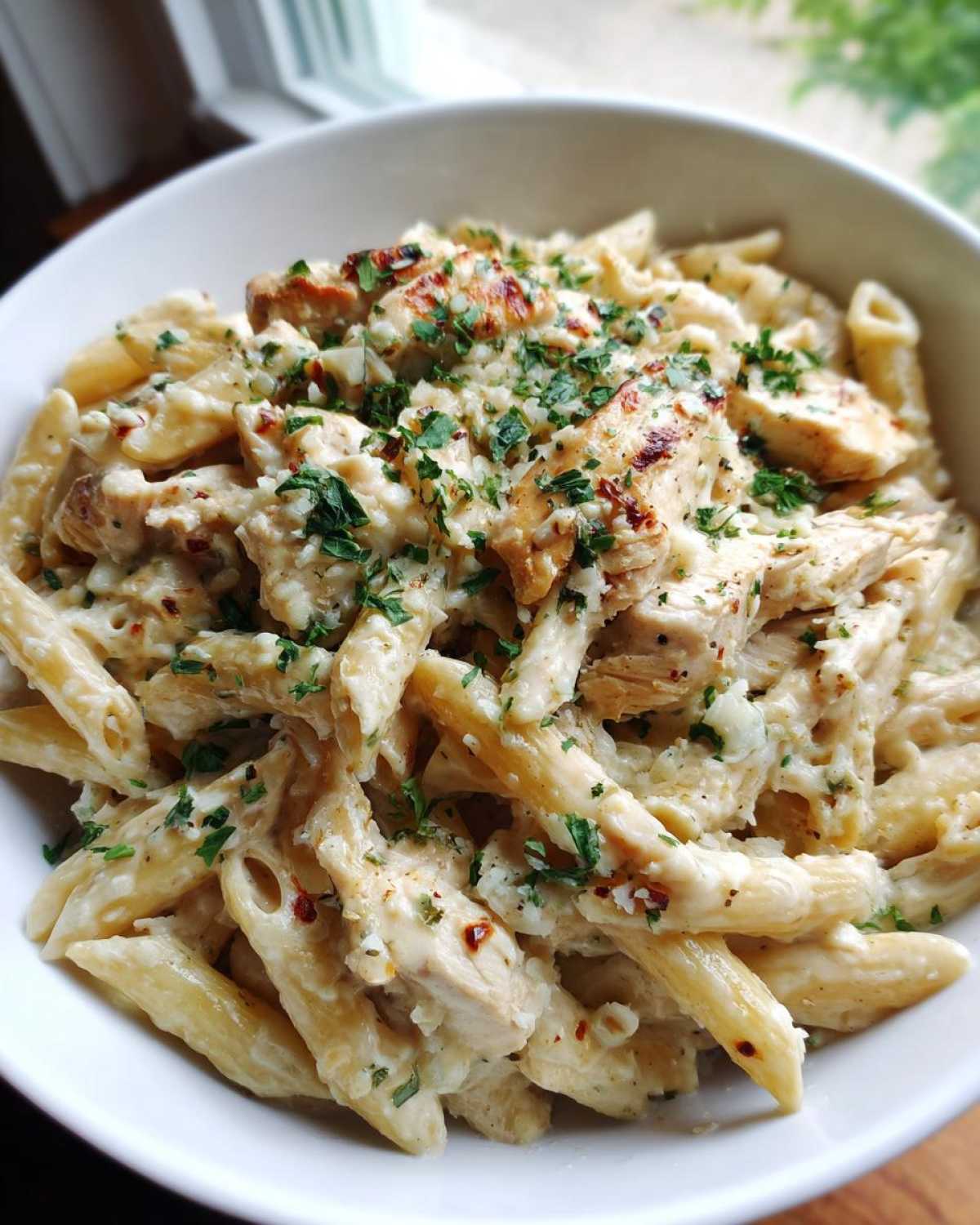 Close-up of creamy penne pasta mixed with grilled chicken pieces, topped with fresh parsley and garlic parmesan sauce.