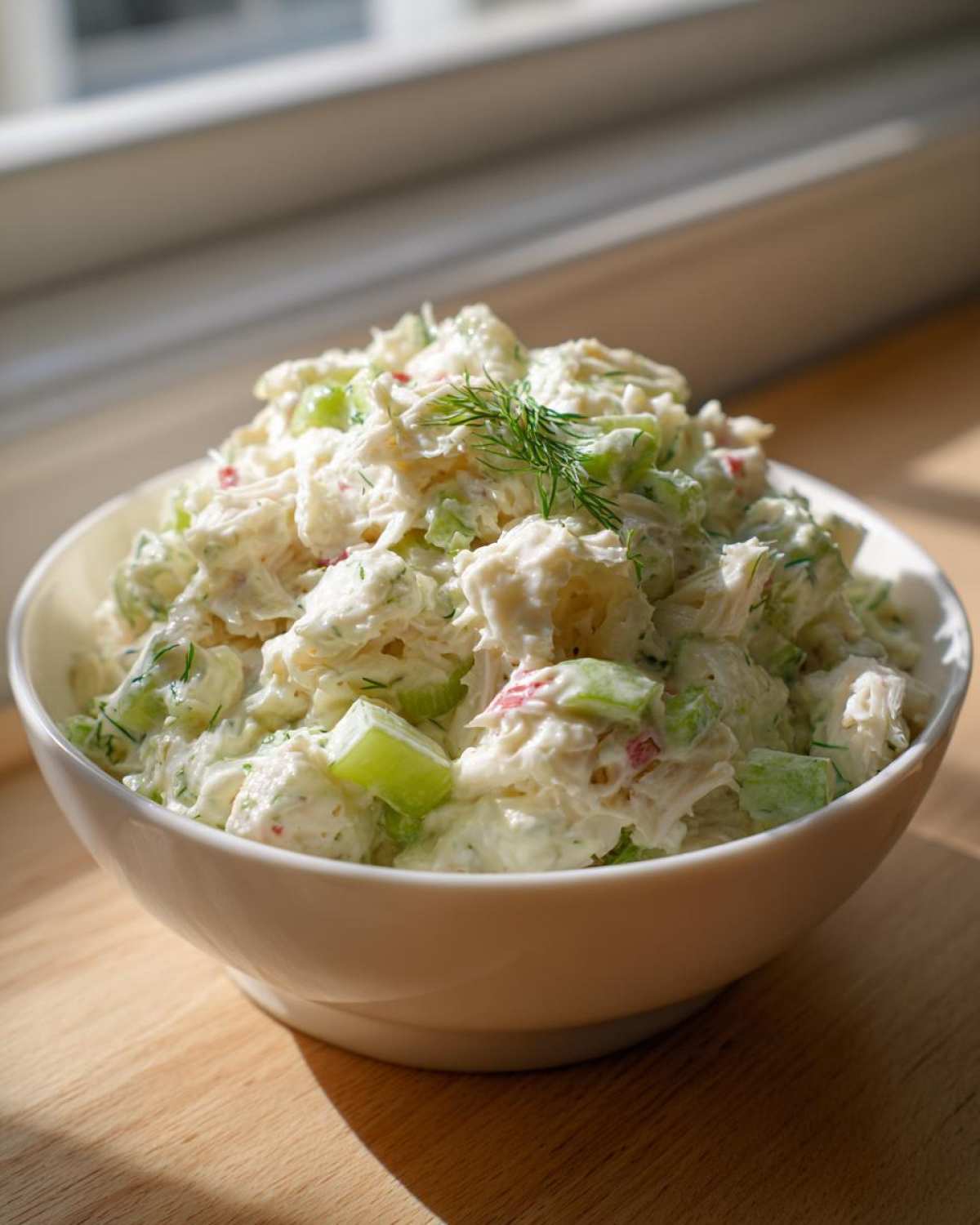 A white bowl filled with creamy crab salad mixed with celery and topped with a sprig of fresh dill.