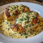 Two golden-brown chicken breasts smothered in creamy garlic parmesan chicken sauce and topped with fresh parsley.