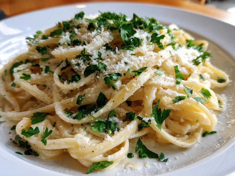 A close-up of creamy parmesan pasta tossed in sauce, topped with grated cheese and fresh parsley.
