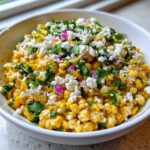 A close-up of a white bowl filled with creamy street corn salad topped with crumbled white cheese and fresh cilantro.