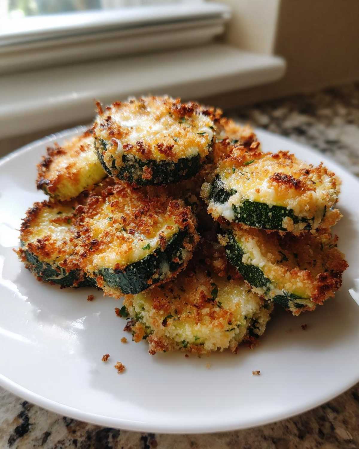 A stack of golden brown, crispy baked parmesan zucchini slices served on a white plate.