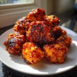 Close-up of glossy, caramelized Korean fried chicken recipe pieces piled on a white plate.