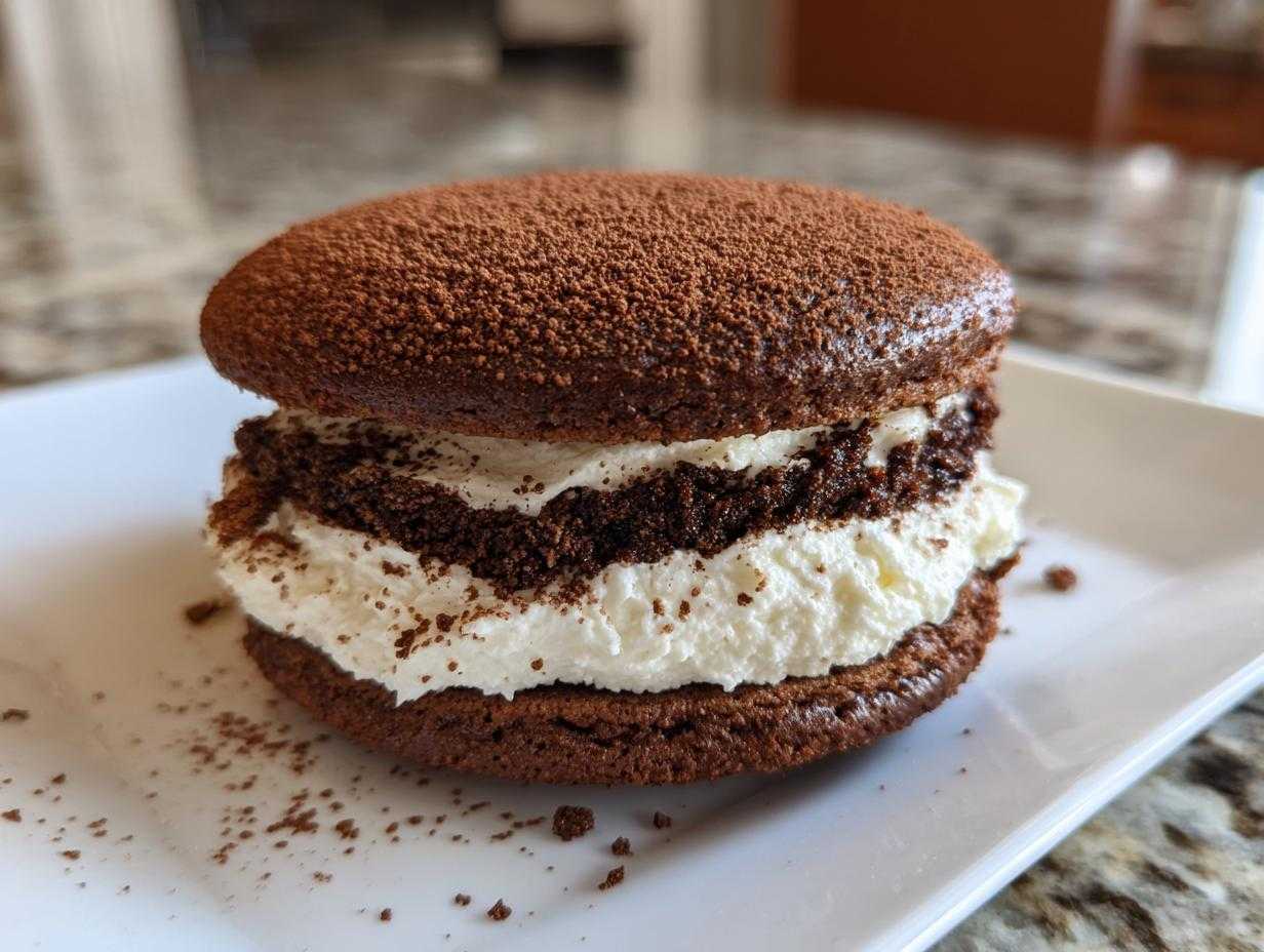 A decadent, chocolate tiramisu cookies sandwich filled with white cream, dusted heavily with cocoa powder.