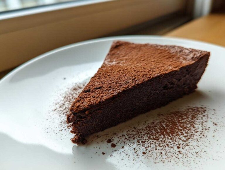 A decadent slice of flourless chocolate torte dusted heavily with cocoa powder, served on a white plate.
