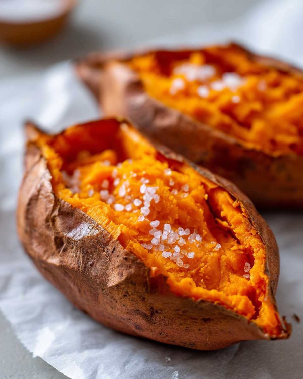 Close-up of a fluffy baked sweet potato split open and topped with coarse sea salt crystals.