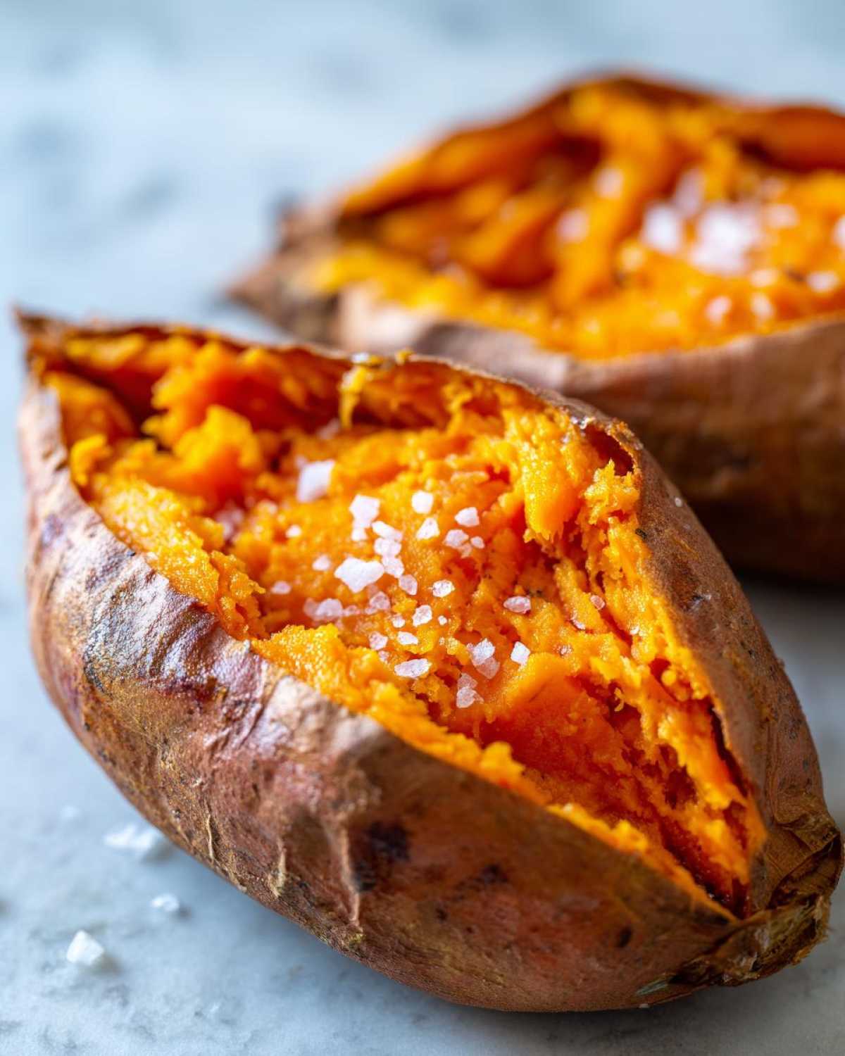 Close-up of a fluffy baked sweet potato, split open and topped with coarse sea salt.