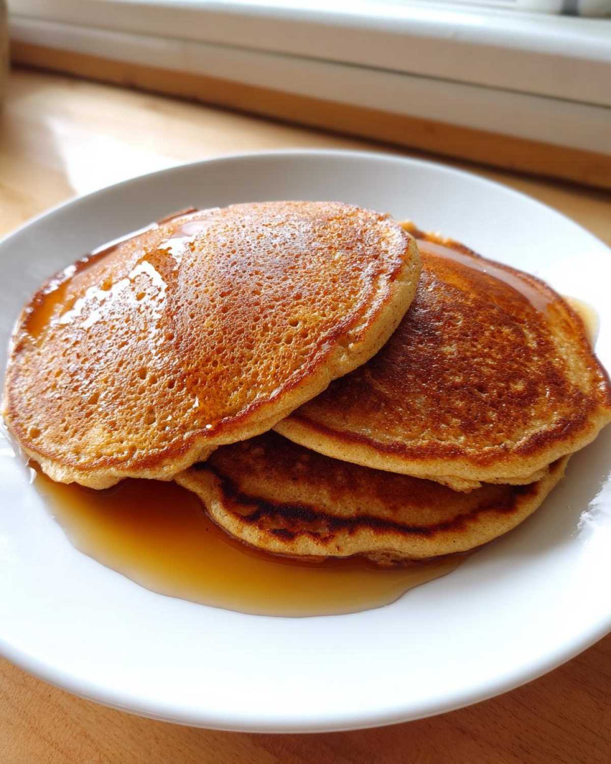A stack of three golden-brown coconut flour pancakes drizzled generously with maple syrup on a white plate.