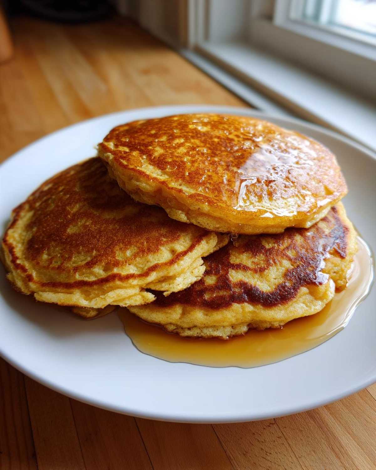 A stack of three fluffy coconut flour pancakes drizzled with syrup on a white plate.
