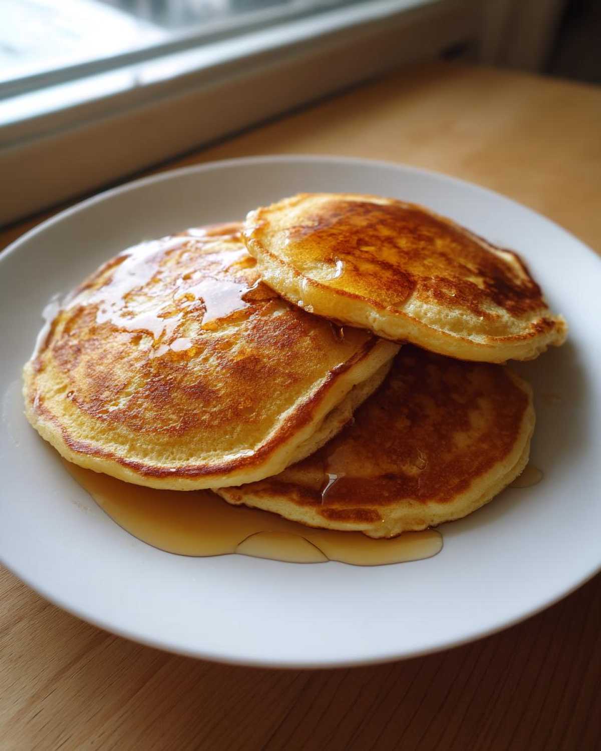 A stack of three fluffy coconut flour pancakes topped with golden syrup on a white plate.