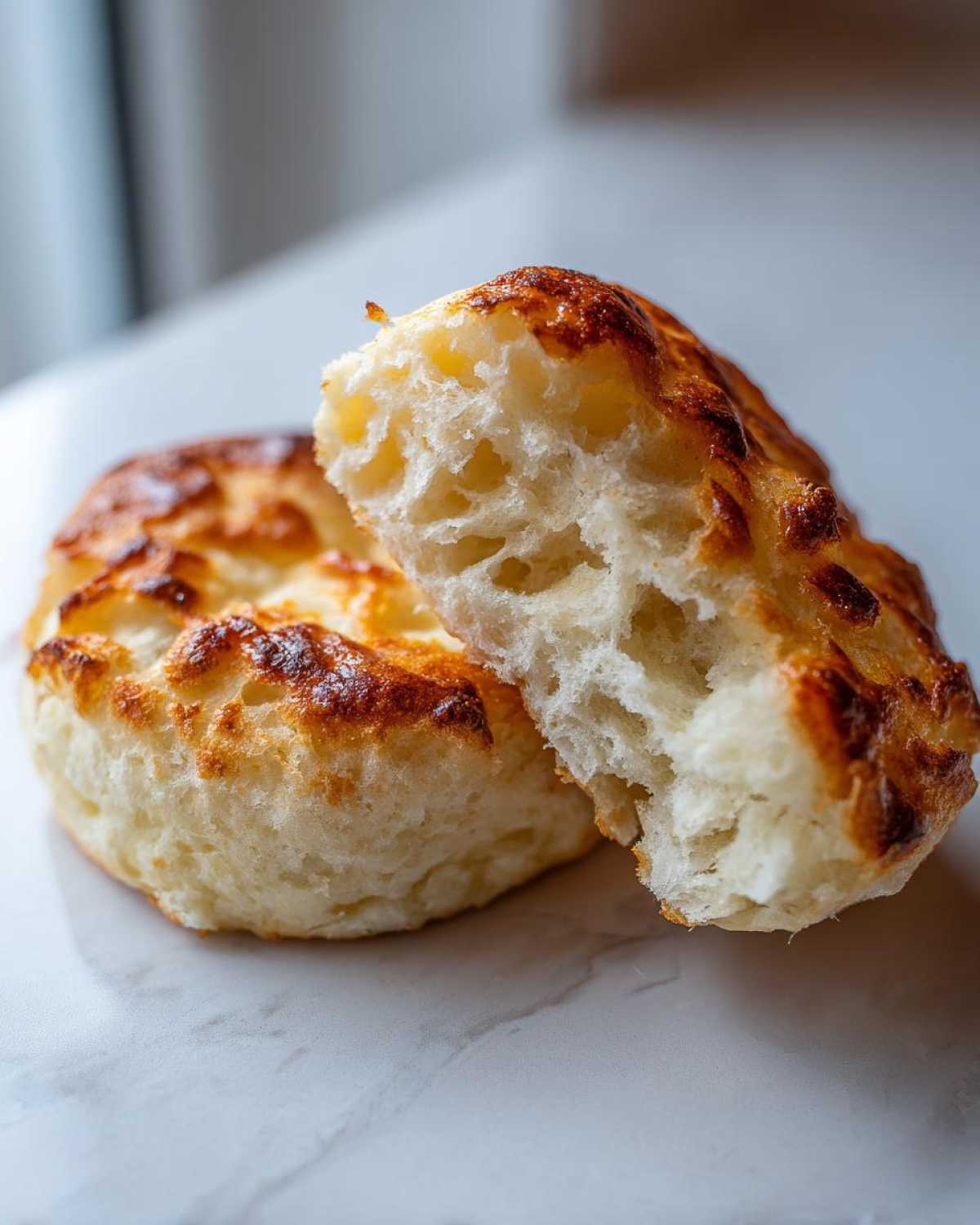 Close-up of a homemade English muffin split open, showing its fluffy, hole-filled interior and golden-brown top.
