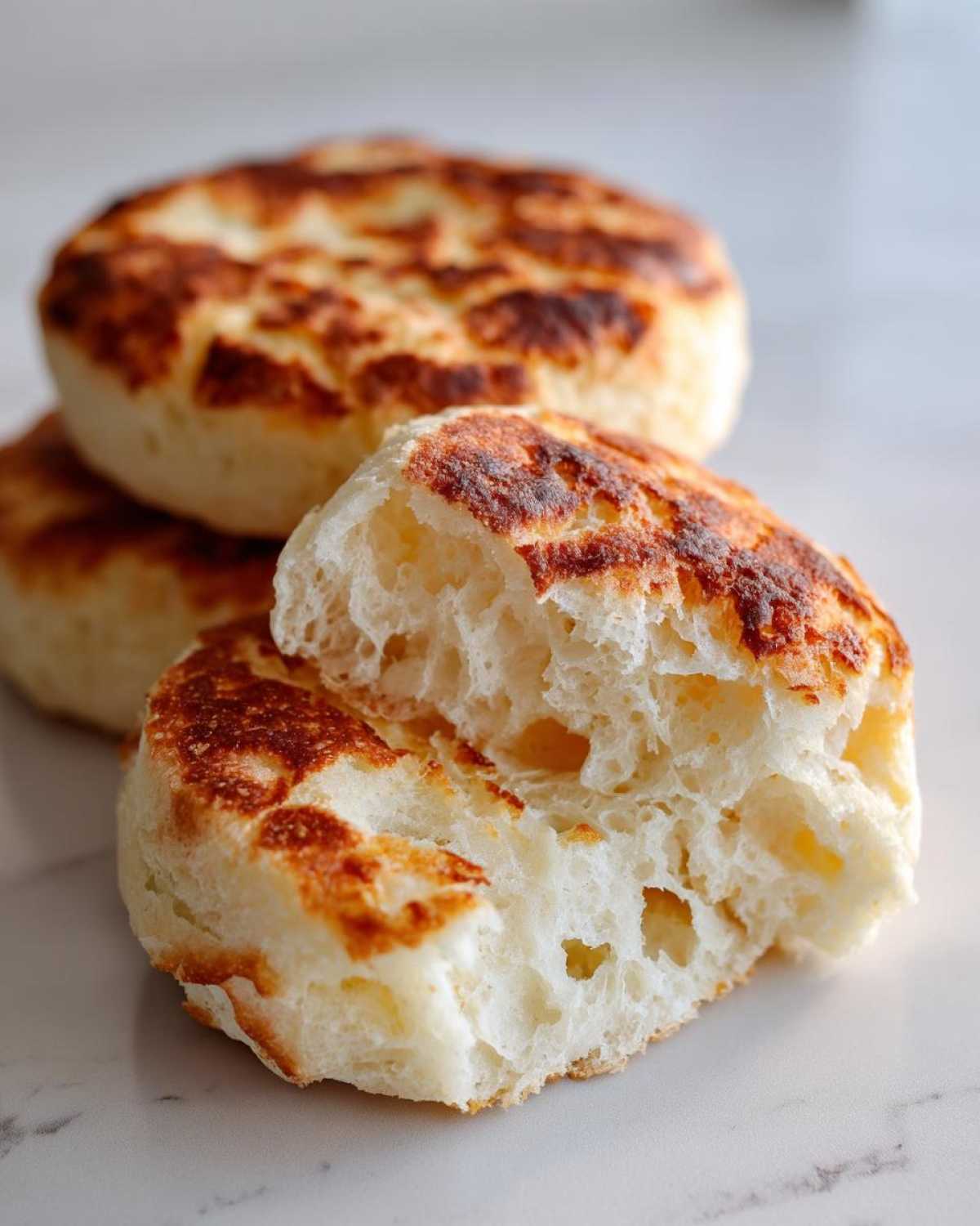 Close-up of a torn homemade English muffin showing its airy, hole-filled interior and golden-brown griddle marks.